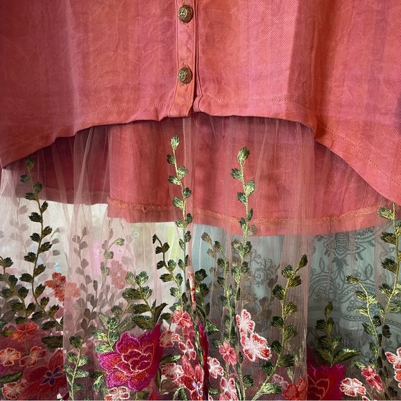 Aratta Pink Floral Embroidered Love Shirt Dress Crystal Button Boho Statement - Picture 13 of 14